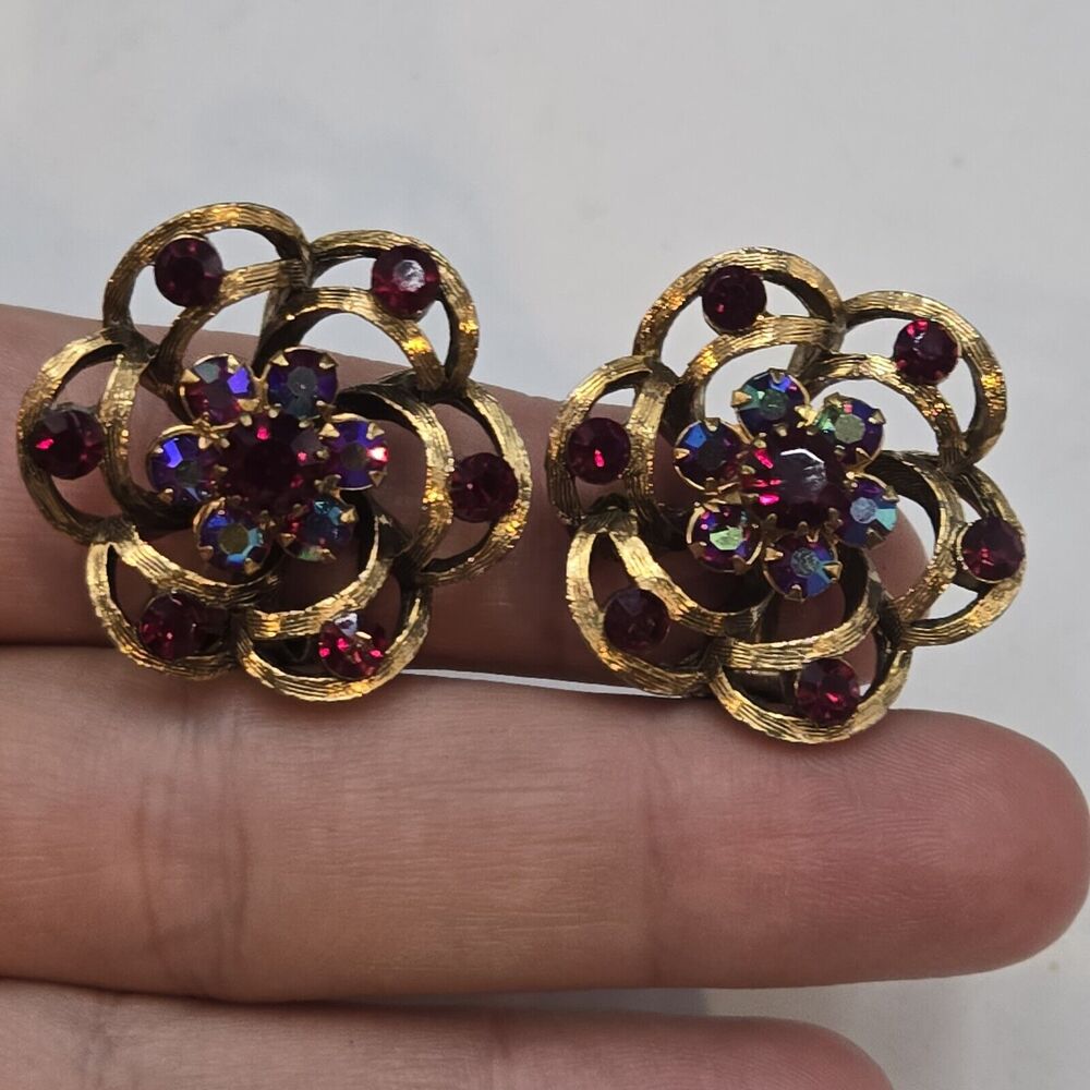 Vintage Selro And Selini Signed Red AB Rhinestone Flower Spiral Clip Earrings